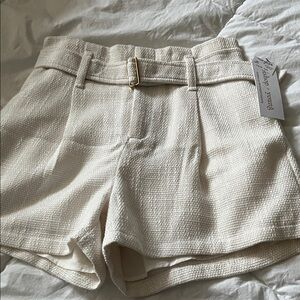 Bishop + Young pleated tweed knit white gold buckle belted elastic waist shorts